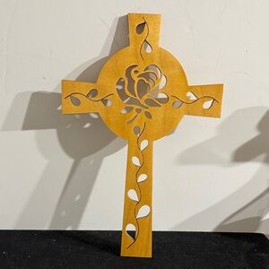 Wooden Celtic cross with a rose and vine cut-out design